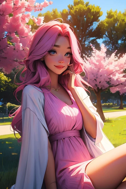 A pink haired woman with violet eyes with an hourglass figure in a summer dress is laying on a blanket in the park with a big smile