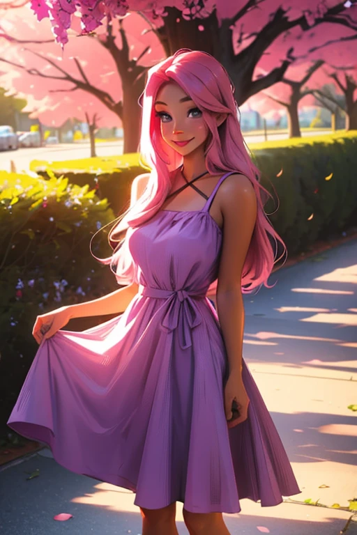 A pink haired woman with violet eyes with an hourglass figure in a summer dress is posing in the park with a smile