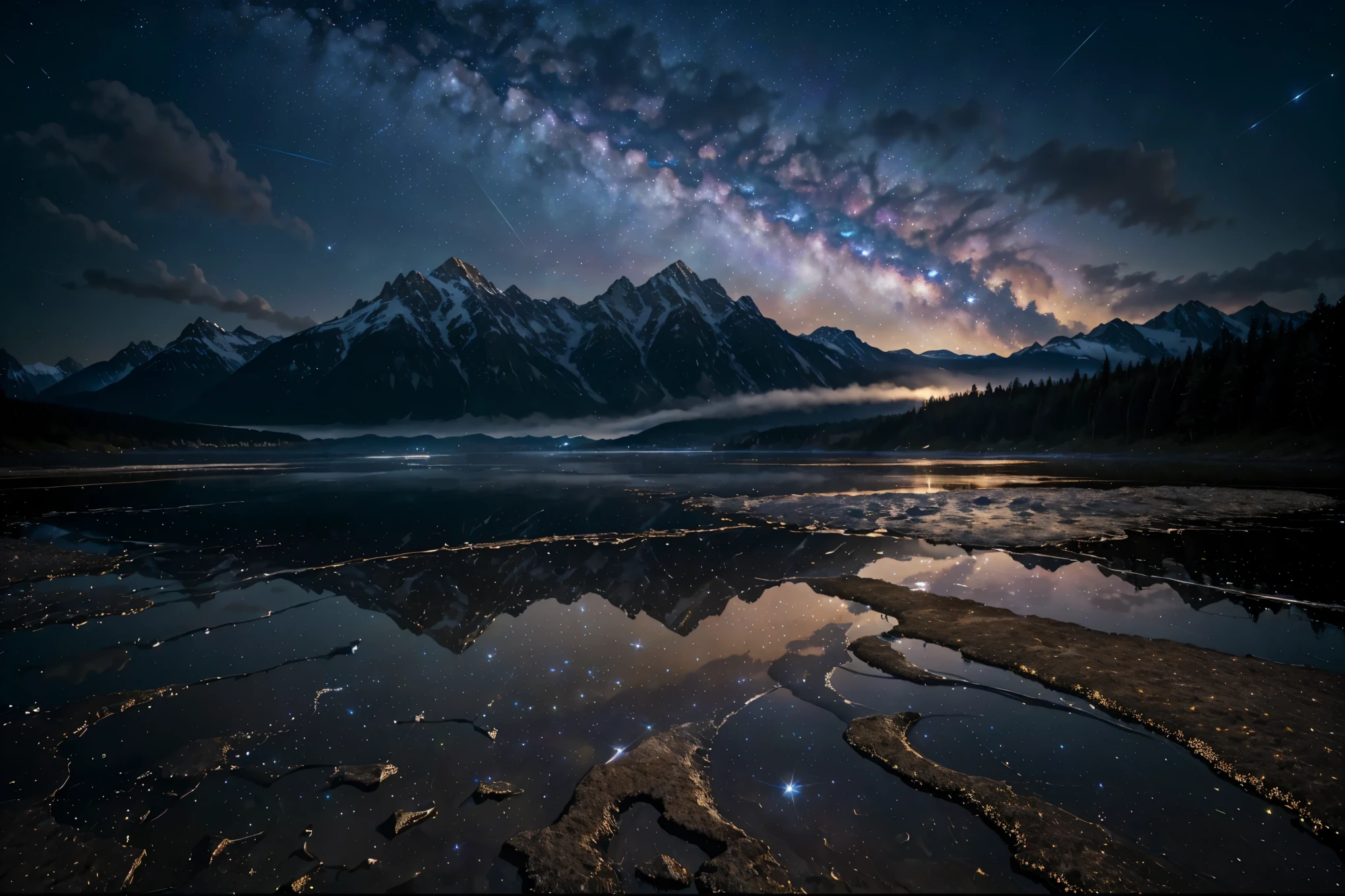 (a picturesque painting depicting) A serene sea under the dark sky, illuminated by the soft, ethereal glow of stars. The scene is set during a gentle rain, with droplets cascading down from the heavens and creating ripples on the water's surface. Towering mountains frame the horizon, their majestic peaks reaching towards the starry firmament. As night falls, a mesmerizing starfall takes place, with shooting stars streaking across the night sky. The vastness of the galaxy is revealed as the Milky Way spans across the canvas, adding a touch of cosmic wonder. The water sparkles under the moonlight, reflecting the beauty of the celestial scene above. The atmosphere is filled with a sense of tranquility and awe, inviting viewers to immerse themselves in the enchanting beauty of the natural world. (best quality,4k,8k,highres,masterpiece:1.2),ultra-detailed,(realistic,photorealistic,photo-realistic:1.37),HDR,UHD,studio lighting,vivid colors,sharp focus.