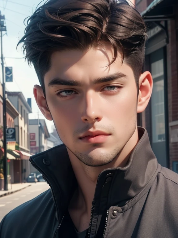 Full Body photorealistic handsome masterpiece, best quality, realistic, 1man, mature male, quiet and charming young man, 35 years old, close his eyes, serious, closed mouth, extremely detailed face, cold, ((dark grey eyes)), ((short-right-swept dark brown hair)), [thick eyebrows], ((hunter)), accurate, detailed, ((town))