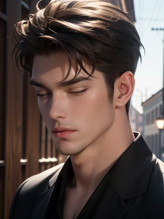 Full Body photorealistic handsome masterpiece, best quality, realistic, 1man, mature male, quiet and charming young man, 35 years old, close his eyes, serious, closed mouth, extremely detailed face, cold, ((dark grey eyes)), ((short-right-swept dark brown hair)), [thick eyebrows], ((hunter)), accurate, detailed, ((town))