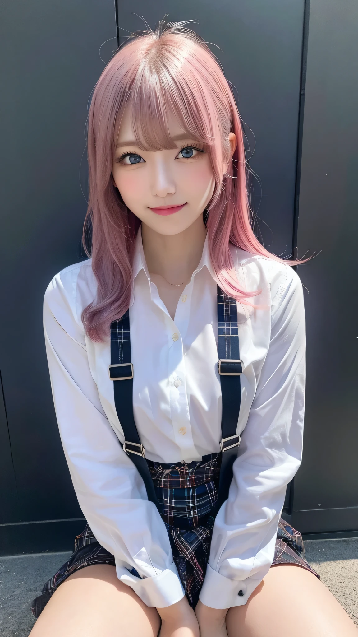 One girl, Hoshino (Blue Archive), alone, Heterochromia iridis, Pink Hair, skirt, Long Hair, tie, Ahoge, shirt, Hello, Plaid skirt, blue eyes, Plaid,  View Viewer, white shirt, Sitting, Orange eyes, chest Harness, Harness, Long sleeve, ID card, Open your mouth, very Long Hair, collared shirt, smile, blue tie, bangs, The legs are off the frame, Between the legs, hand Between the legs, blush, Hair between the eyes, High resolution,masterpiece, highest quality