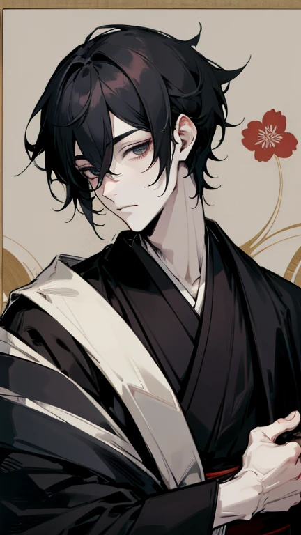 Black kimono from the Taisho period、(Pale-faced man)、(A handsome man who is emaciated due to illness)、Upper Body、Black Hair、looking at the camera