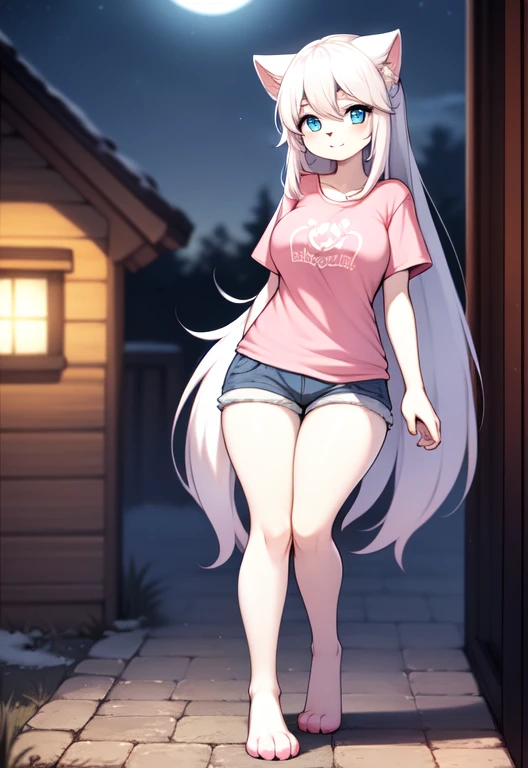 female, long hair, furry, white fur, ultra cute face, light blue eyes, white hair (((light pink casual t-shirt))), beautiful lights and shadows, ambient light, ultra detailed hair, volumetric light, [[[breasts]]], (((full body view))), paws, extremely detailed thighs, (((casual blue short))), furry, white fur, warm house background, extremely detailed background, night, [seductive pose]