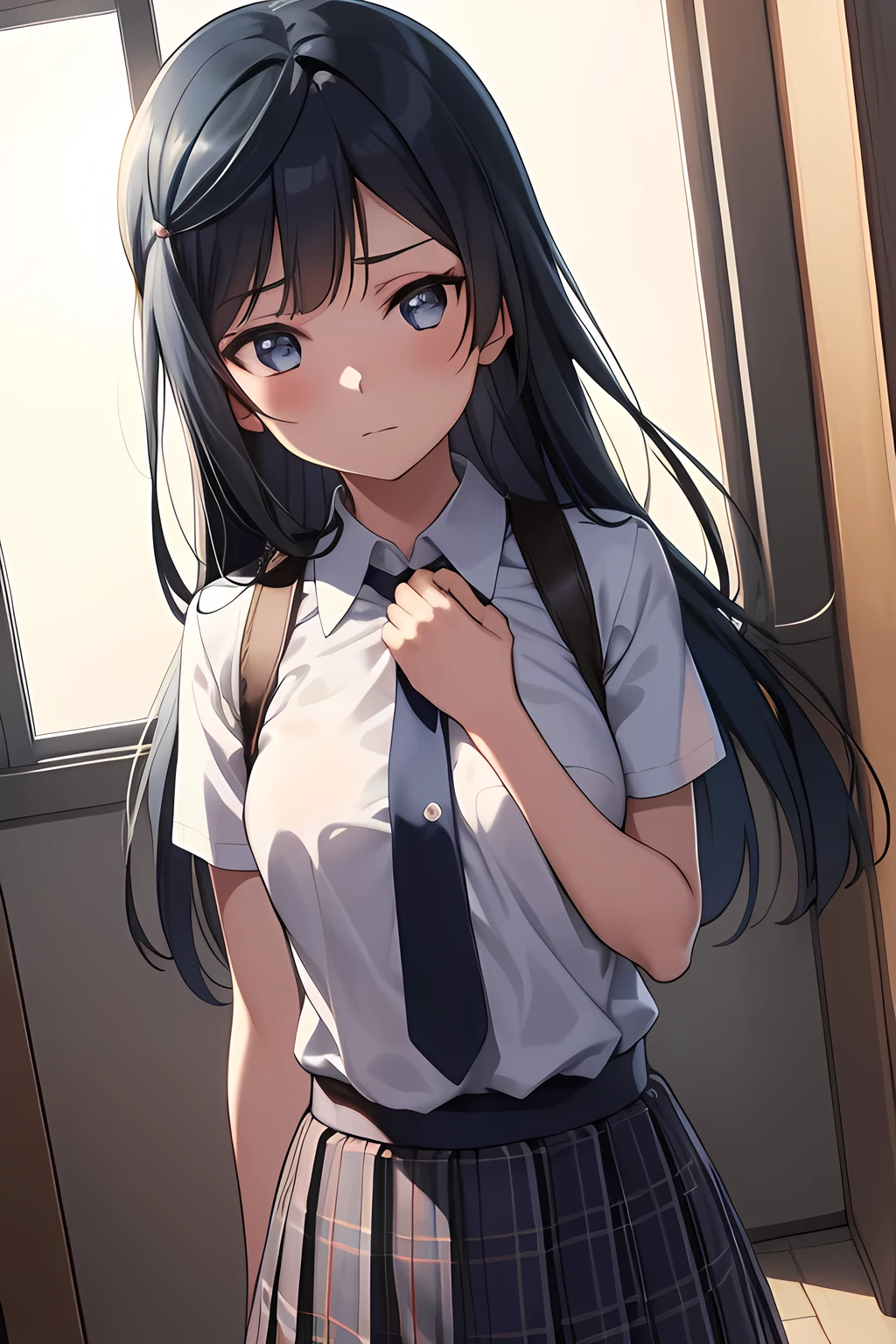 setsunayuuki, setsuna yuuki, (Iris:1.5), Black Hair, Long Hair, One side up, (Mid-chest:1.2), 
break armband, blue Best, button, collared shirt, dress shirt, grey skirt, neck ribbon, Nijigasaki Academy Uniform, Plaid, Plaid skirt, pleated skirt, red ribbon, ribbon, , shirt, Short sleeve, skirt, Summer clothes, Best, white shirt,
break looking at viewer, 
break indoors, classroom, 
break (masterpiece:1.2), highest quality, High resolution, unity 8k wallpaper, (figure:0.8), (Beautiful fine details:1.6), Highly detailed face, Perfect lighting, Highly detailed CG, (Perfect hands, Perfect Anatomy),