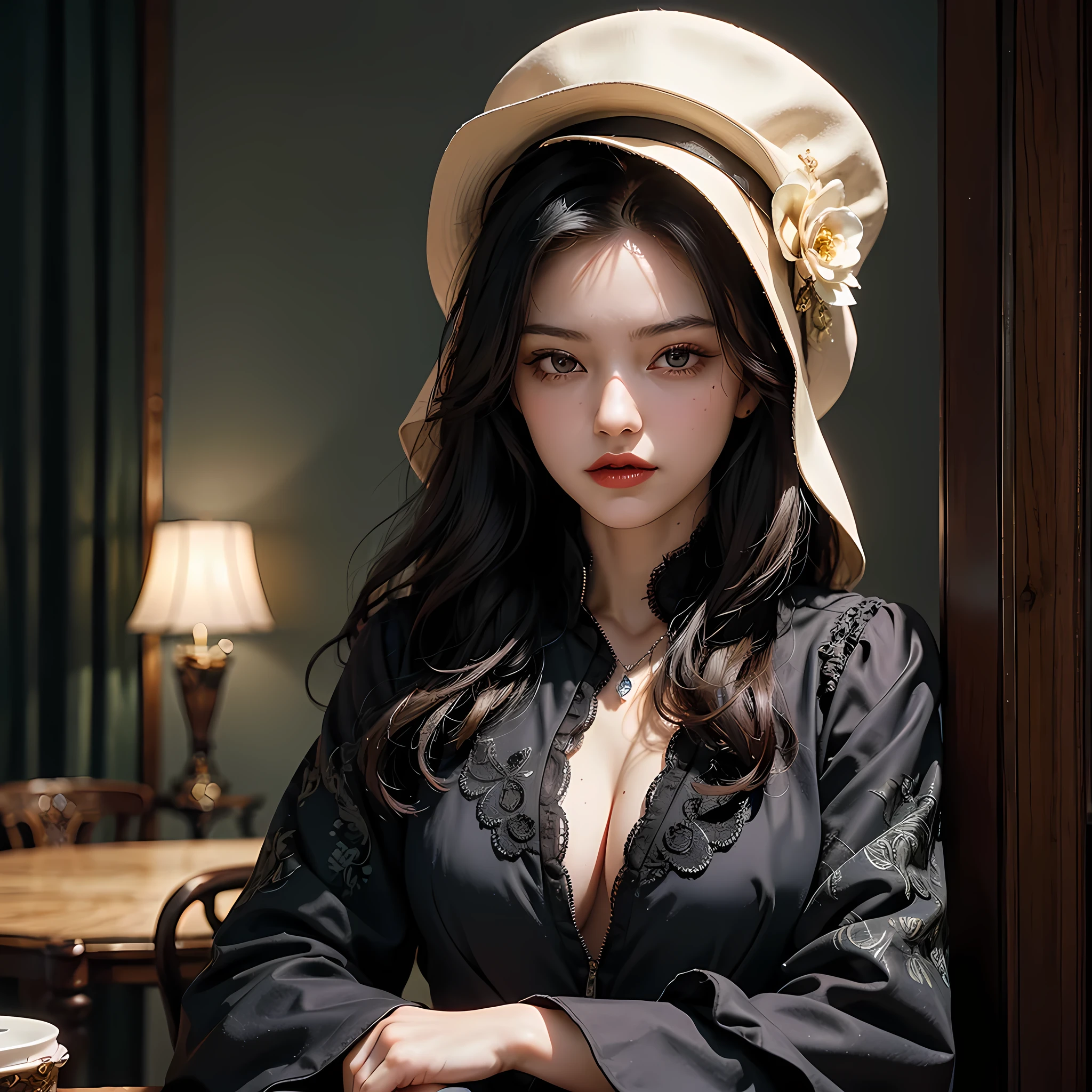 Zoom in on the mafia lady’s face and the gun she holds. Her eyes are sharp and calculating, framed by perfectly styled dark waves that cascade from under her fedora. Her red lips are set in a slight smirk, exuding confidence and control. The camera captures the intricate details of her gun – a polished silver revolver with an ivory handle, engraved with delicate patterns. Behind her, the blurred background suggests an opulent setting, with hints of dark wood and luxurious fabrics.