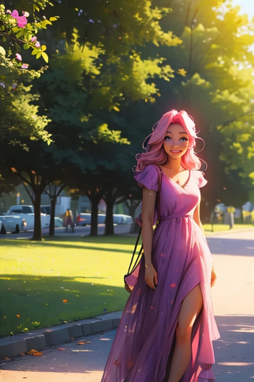 A pink haired woman with violet eyes with an hourglass figure in a summer dress is posing in the park with a smile