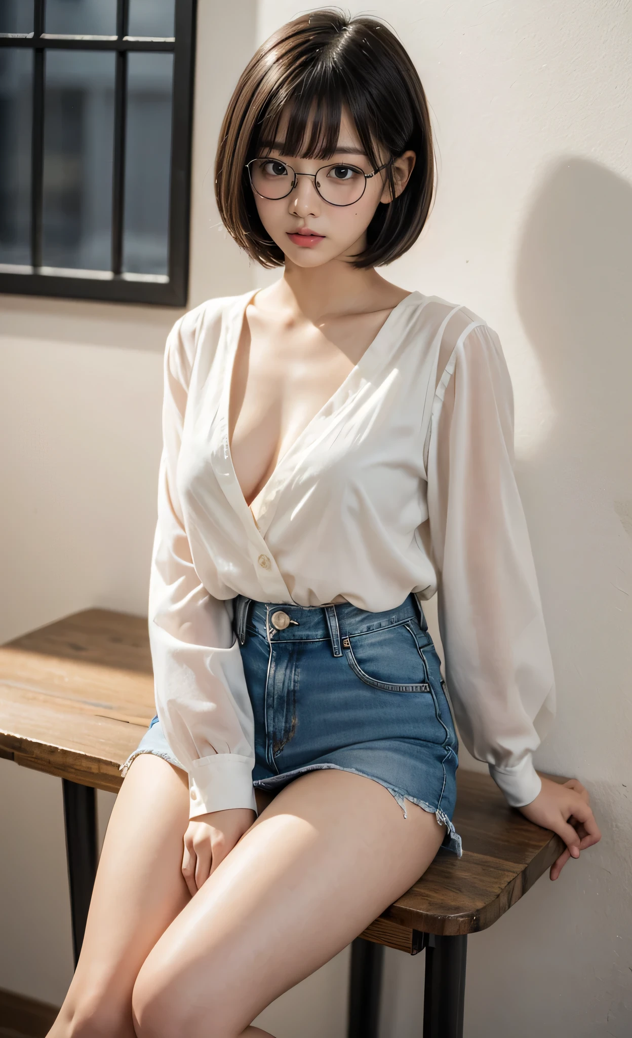 detailed_background, realistic, 1girl, sitting on a small chair, back against the walll, bedroom, eye glasses, blushes, nighttime, bob cut, bangs, white short blouse, overhang, cleavage, big bust, small waist, denim mini skirt, bare legs, thighs, thicc_thighs,
