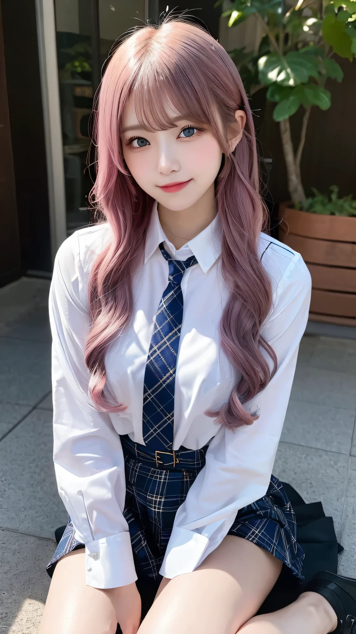 One girl, Hoshino (Blue Archive), alone, Heterochromia iridis, Pink Hair, skirt, Long Hair, tie, Ahoge, shirt, Hello, Plaid skirt, blue eyes, Plaid, View Viewer, white shirt, Sitting, Orange eyes, chest Harness, Harness, Long sleeve, ID card, Open your mouth, very Long Hair, collared shirt, smile, blue tie, bangs, Between the legs, hand Between the legs, blush, Hair between the eyes, High resolution,masterpiece, highest quality