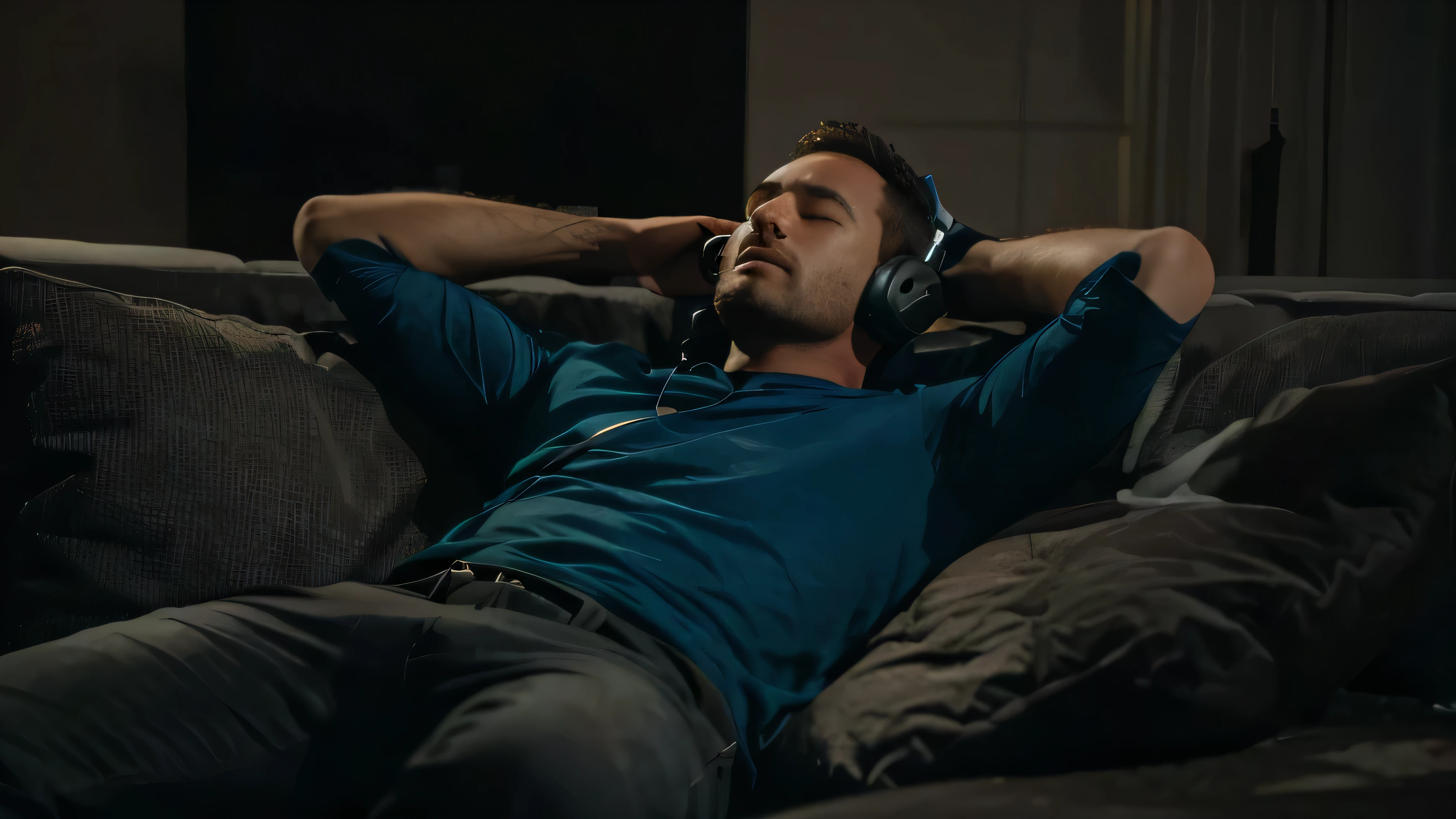 arafed man with headphones resting on a couch with his eyes closed, 3am, 3 am, sleepy, very appealing, listening to music at 2 am, night, sleep, 188216907, nighttime, asleep, at night, highly accurate, at nighttime, after hours, 1 5 0 4, artem, netflix