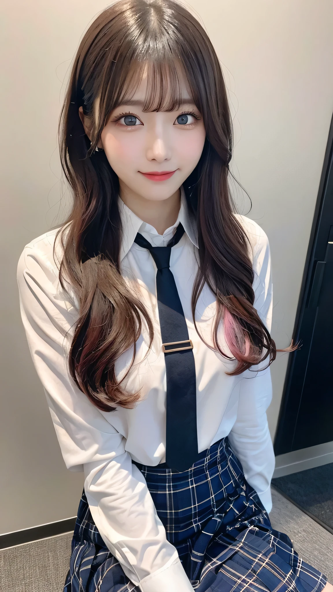 One girl, Hoshino (Blue Archive), alone, Heterochromia iridis, Pink Hair, skirt, Long Hair, tie, Ahoge, shirt, Hello, Plaid skirt, blue eyes, Plaid,  View Viewer, white shirt, Sitting, Orange eyes, chest Harness, Harness, Long sleeve, ID card, Open your mouth, very Long Hair, collared shirt, smile, blue tie, bangs,  Between the legs, hand Between the legs, blush, Hair between the eyes, High resolution,masterpiece, highest quality