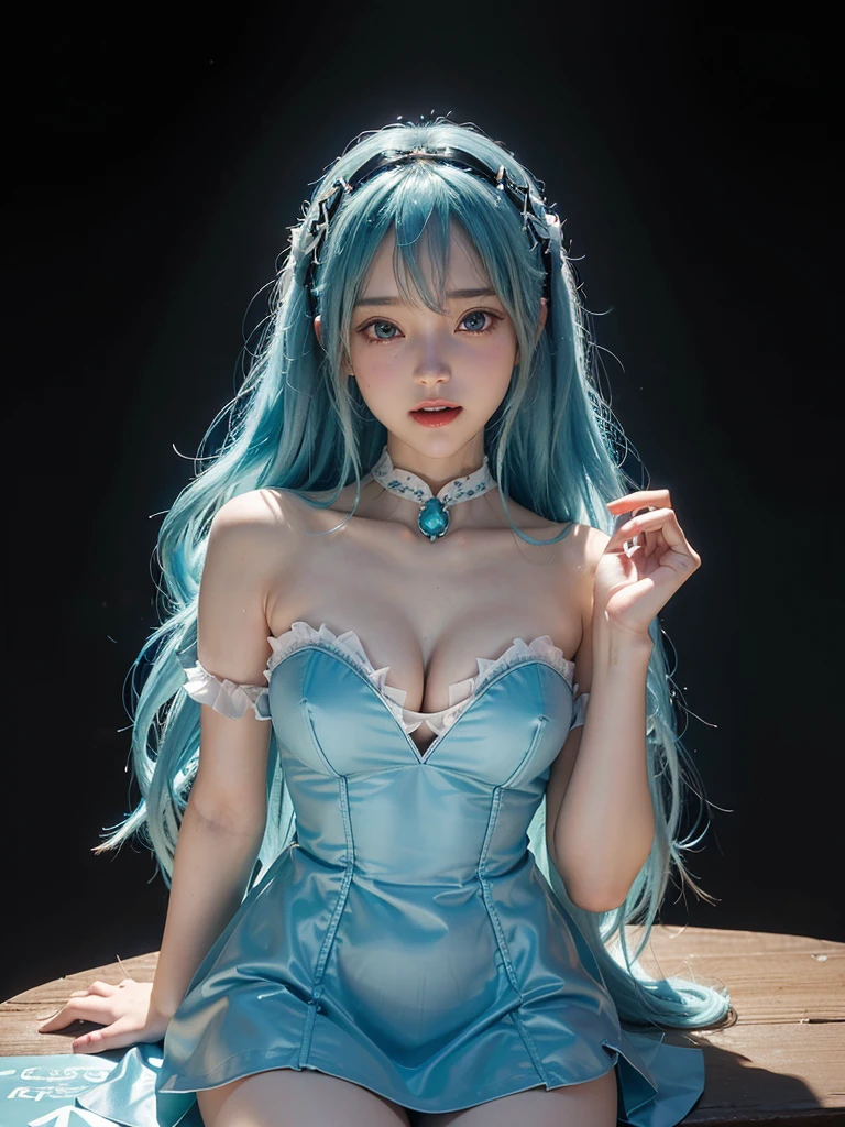 (8k, highest quality, masterpiece:1.2), Super detailed, (front focus), (in the dark:1.6), Hyperrealist portrait of female by david hockney and alphonse mucha, fantasy art, photo realistic, dynamic lighting, artstation, poster, volumetric lighting, very detailed faces, award winning,there is a doll sitting on a table next to a computer, mikudayo, pvc figurine, hatsune miku, pop up parade figure, miku, anime figurine, anime figure, she has pale blue skin!!!, white cyan, portrait of hatsune miku, rem rezero, anime peripheral, a happy meal toy of hatsune miku,anatomically correct,(cowboy shot:1.5),(in the dark, deep shadow, low key),Huge, full breasts,bared breasts,I can see her cleavage, (Cute smile, Upward glance),Bedroom,((in a seductive pose,sexually aroused face,With a face s in heat:1.5,Moist eyes:1.5,slightly open mouth):1.2))/