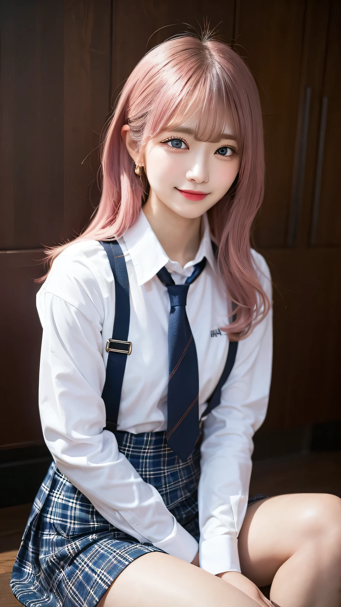 One girl, Hoshino (Blue Archive), alone, Heterochromia iridis, Pink Hair, skirt, Long Hair, tie, Ahoge, shirt, Hello, Plaid skirt, blue eyes, Plaid, View Viewer, white shirt, Sitting, Orange eyes, chest Harness, Harness, Long sleeve, ID card, Open your mouth, very Long Hair, collared shirt, smile, blue tie, bangs, Between the legs, hand Between the legs, blush, Hair between the eyes, High resolution,masterpiece, highest quality