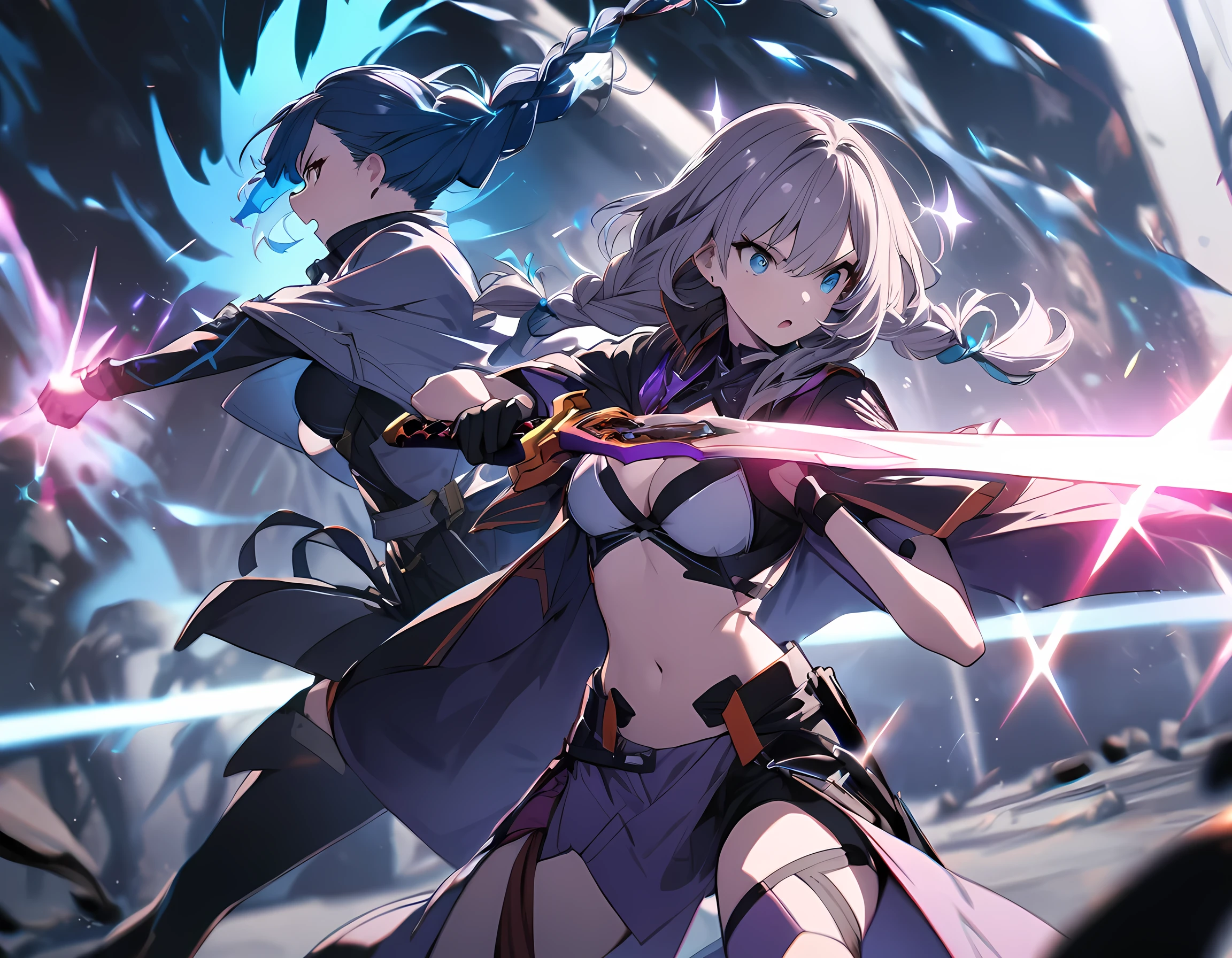 best quality, 32k, high-definition art, high resolution, ultra-detailed, extremely detailed, top quality, ultra quality, multiple girls, navel, 2girls, cleavage, medium breasts, intense action,
BREAK
a Cryptic Girl:(Purple White Gradient Long Twin Braided Hair:1.2),
and,
an other girl, (Cyan Blue Tornado Hair:1.2),
BREAK
multiple girls, weapon, midriff, sword, cyber costume, SF costume, sparkle, flash, colored skin, action pose, dynamic pose, action pose, heroic pose