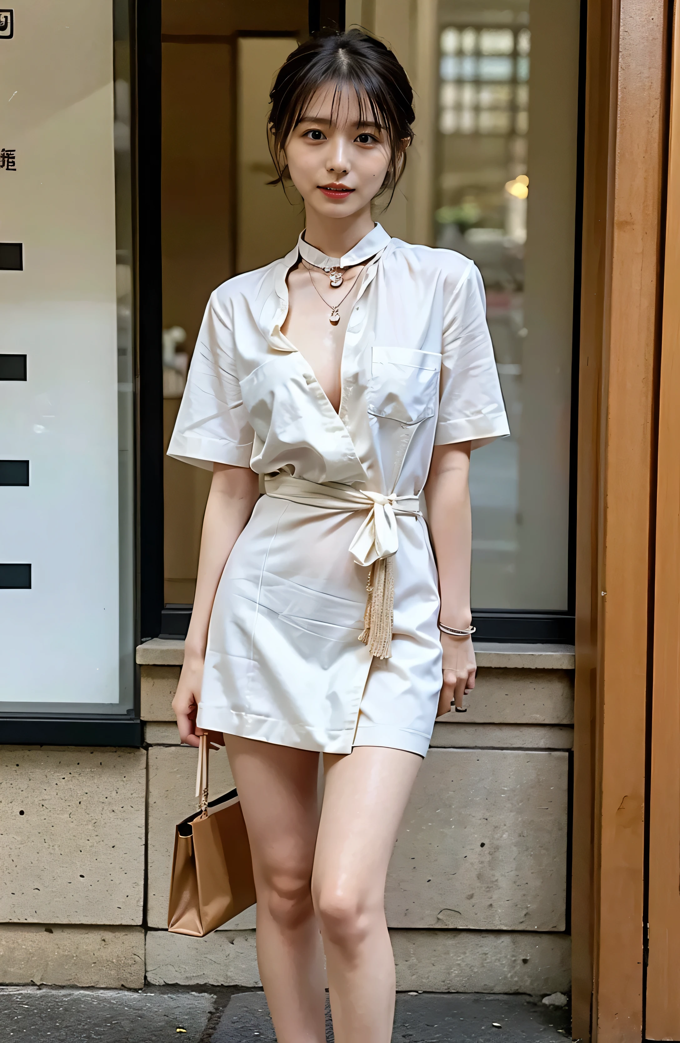 Cowboy Shot、A classy white collared shirt、Elegant attire、A luxurious bag、In front of a stylish cafe、A lovely smile、（（Nagoya street corner））、Full body photo、ring、Luxurious clothing、Short skirt、Tuck your hair behind one ear、Silver Necklace、smile、 elegant ponytail、Caustics、Highly detailed photos、Very beautiful eyeedium Short Hair、Large Breasts、Super no makeup、(8k、RAW Photos、highest quality、masterpiece:1.2)、(Realistic、Realistic)、1 girl、((Medium Short Hair、Looking into the camera:1.4))、Hair blowing in the wind
