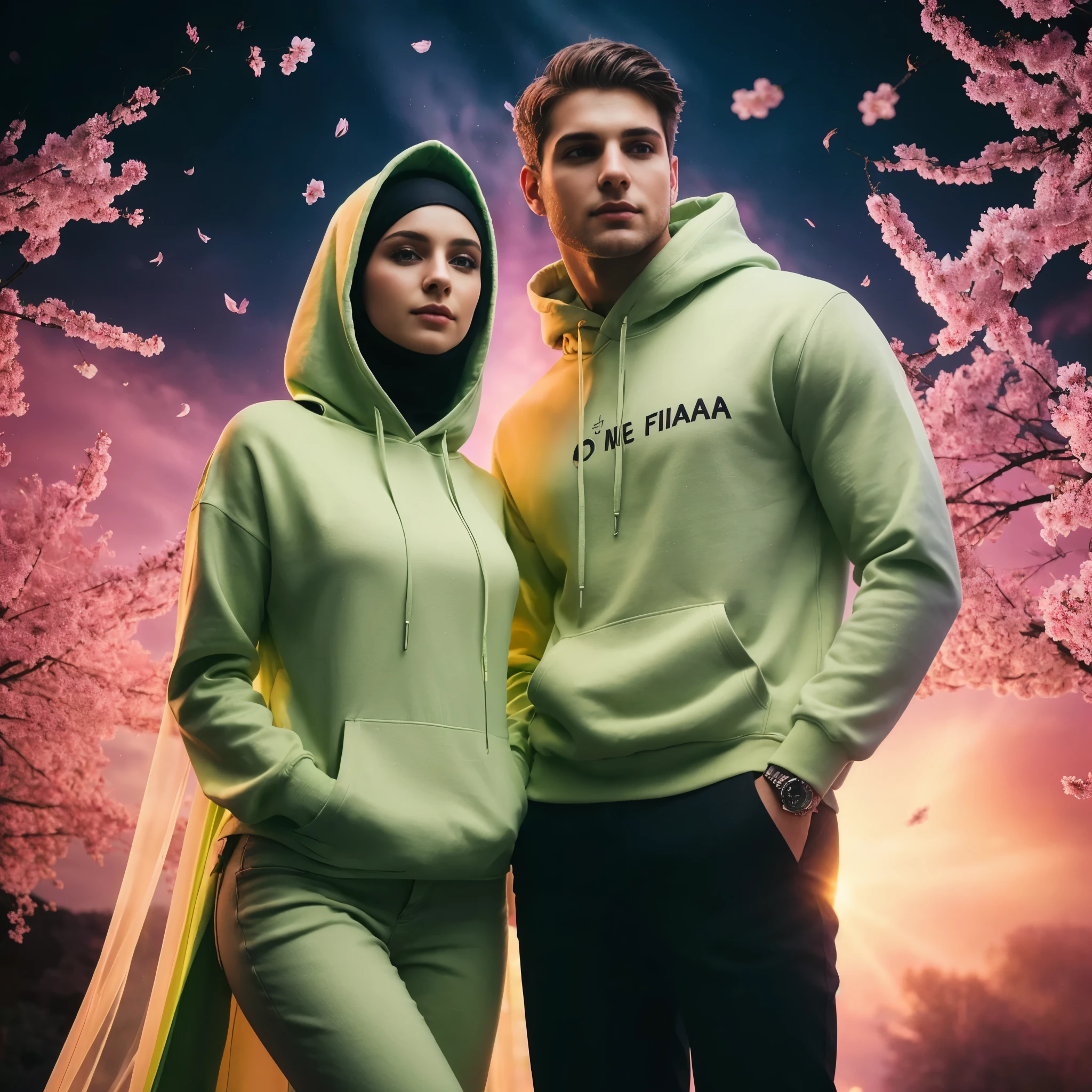full body professional romantic couple a woman muslim elegant body charming wear hoodie lime trendy attire with text sign bold black "((Dhe FIAA))" very cleary details a man handsome elegant body charming he has short blonde hair trendy wear lime modern casual, long black jeans, dramatic lighting aurora background at japanese cherry blossom petals falling air, they looks so romantic scene, resambling sony photo 7000D ultra realistis