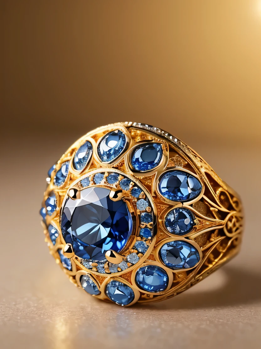 ((masterpiece、highest quality、Very detailed、High resolution、Photorealistic、Sharp focus、Cinema Lighting))、((There is no one))、One ring、Gold and silver rings、Blue Gem、Complex Pattern、Complex and unusual design、Sparkling sapphires decorate this enchanting ring、Beautiful color gradation、Background is marble table surface
