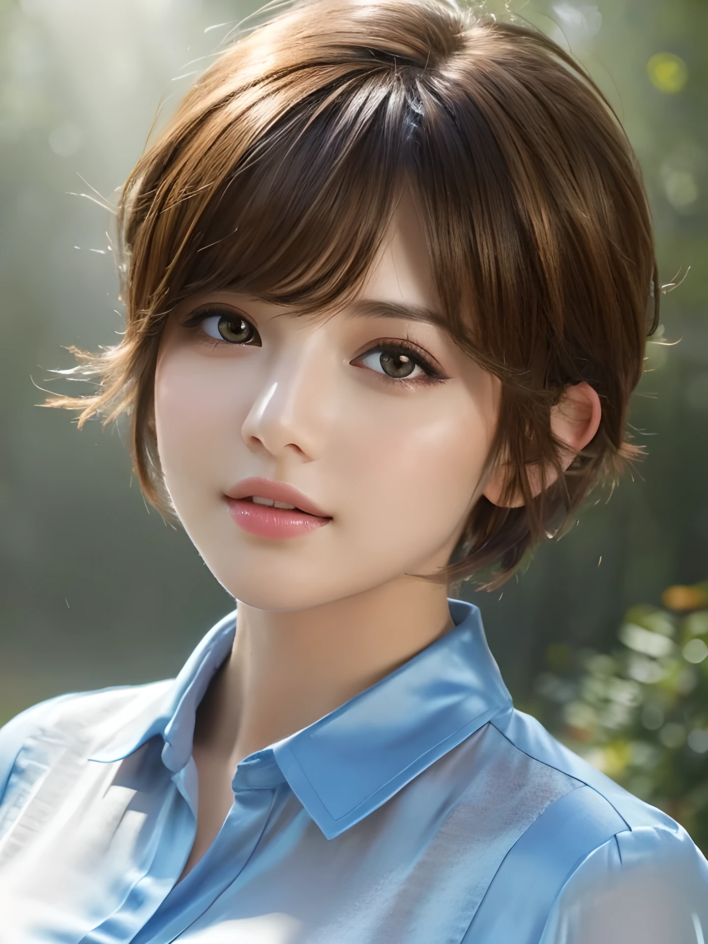 masterpiece, highest quality, High resolution, wallpaper, realistic, (bright lighting:1.4), professional lighting, face light, smooth lighting, (shoot from front:1.8), 1 girl, closeup-face, cute, sleepy, open mouth to say something, shy, Beautiful girl, gravure, sexy, super beautiful, beautiful skin, beautiful and detailed eyes、detailed face、slim、moderately, pixie cut, brunette colored hair, brown eyes, Professional Photography, Bokeh, Portrait, The morning sunlight shines through the misty forest path. silk blouse,