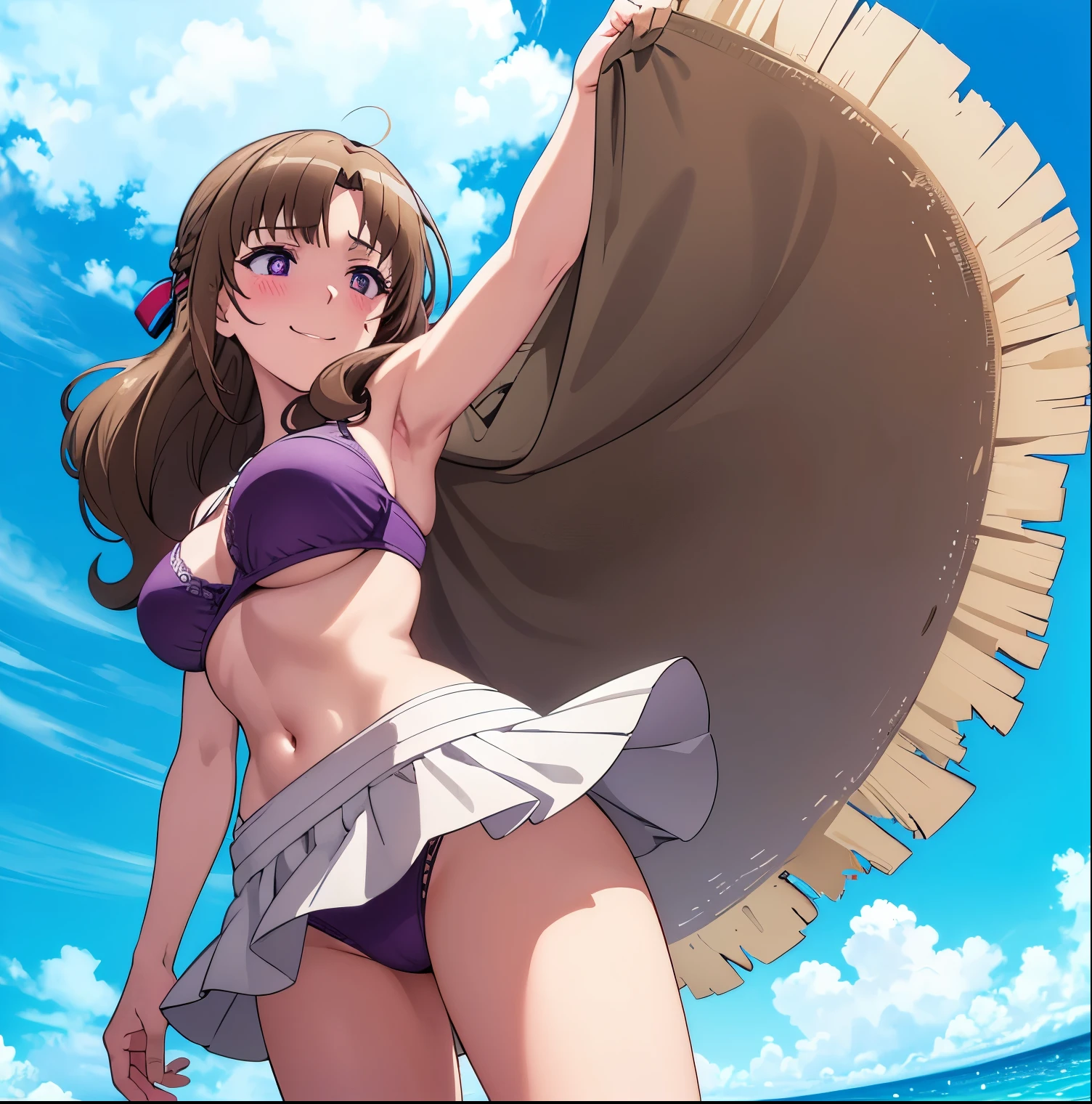 1 girl, alone, mamako oosuki, huge, busty, masterpiece, (best quality), brown hair, long hair, (loose hair), purple eyes, mature woman, purple micro bikini, purple bra, purple thong, outdoor, beach ,sea,standing, tape, sexy woman, smile, embarrassed, blushing, vibrant colors, natural lighting, RTX, big breasts, medium waist, wide hips, medium thighs, round butt, beautiful, (detailed face:1.2), showcase , (perfect eyes:1.1), 8k uhd, looking at viewer, from behind, pov (from below), exteriors, simple background, perfect hands, perfect anatomy