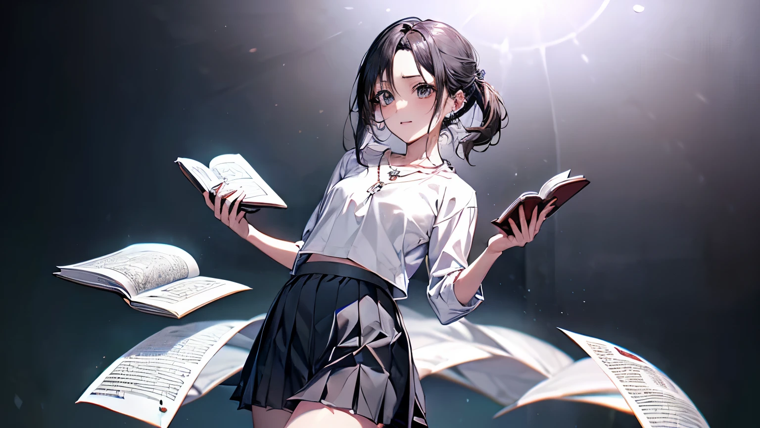 ((Biologically correct limb count))、(( 顔を含むwhole body写真))、4K、((Standing position))、masterpiece、((Symmetrical facial features))、Eye for detailed depiction、Beautiful woman、Excellent style、Beautiful clavicle、Beautiful feet、Beautiful Hands、Slender body、(Small Ass、Thin thighs)、(High heels)、Detailed depiction of the face、Small earrings、necklace、(shirt、(Block pleated skirt))、Glancing sideways、Great background、Low Angle、Reading a book、whole body