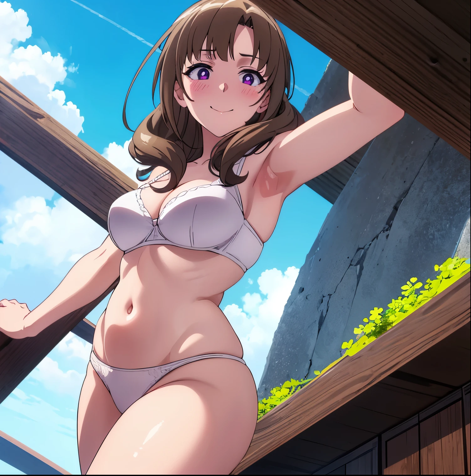 1 girl, alone, mamako oosuki, huge, busty, masterpiece, (best quality), brown hair, long hair, (loose hair), purple eyes, mature woman, white lingerie, white bra, white thong, tape, sexy woman , smile, embarrassed, blushing, vibrant colors, natural lighting, RTX, big breasts, medium waist, wide hips, medium thighs, round butt, beautiful, (detailed face: 1.2), showcase, (perfect eyes: 1.1), 8k uhd , looking at viewer, front, pov (from below), exterior, simple background, perfect hands, perfect anatomy