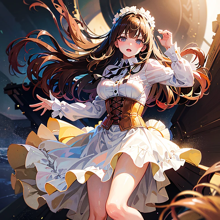 highest quality, Ultra-high resolution, (Realistic:1.4), One girl, Button-down shirt,, Dark brown hair, Big breasts, (Blonde Hair:1.2), View Viewer, (Highly detailed face:1.1),, (Purelos Face_v1:0.8),Tick tock, Ruffled Apron Dress、Corset-style dress、A skirt with multiple ribbons hanging from the back、Blouse with wide cuffs、Ruffles at cuffs、Headdress、Voluptuous body、Pretty face、pantsが見えそうな裾、Stripes々pants、Embarrassed expression