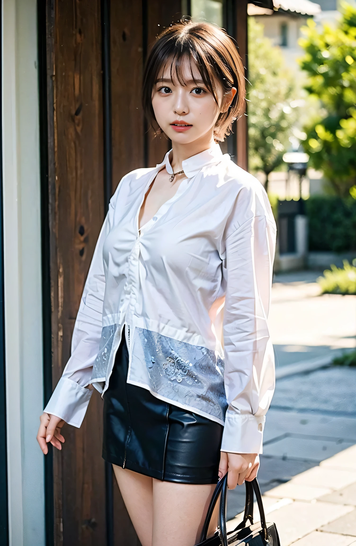 Cowboy Shot、A luxurious white silk shirt with a collar、Elegant attire、A luxurious bag、In front of a stylish cafe、A lovely smile、((Nagoya street corner))、Full body photo、ring、Luxurious clothing、Short skirt、Tuck your hair behind one ear、Silver Necklace、smile、 elegant ponytail、Caustics、Highly detailed photos、Very beautiful eyeedium Short Hair、Large Breasts、Super no makeup、(8k、RAW Photos、highest quality、masterpiece:1.2)、(Realistic、Realistic)、1 girl、((Medium Short Hair、Looking into the camera:1.4))、Hair blowing in the wind