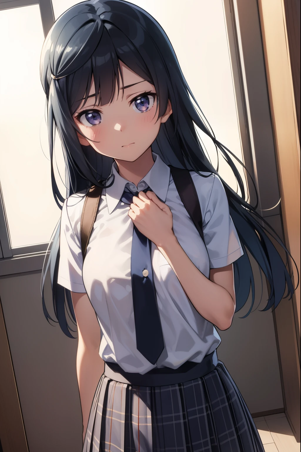 setsunayuuki, setsuna yuuki, (Iris:1.5), Black Hair, Long Hair, One side up, (Mid-chest:1.2), 
break armband, blue Best, button, collared shirt, dress shirt, grey skirt, neck ribbon, Nijigasaki Academy Uniform, Plaid, Plaid skirt, pleated skirt, red ribbon, ribbon, , shirt, Short sleeve, skirt, Summer clothes, Best, white shirt,
break looking at viewer, 
break indoors, classroom, 
break (masterpiece:1.2), highest quality, High resolution, unity 8k wallpaper, (figure:0.8), (Beautiful fine details:1.6), Highly detailed face, Perfect lighting, Highly detailed CG, (Perfect hands, Perfect Anatomy),