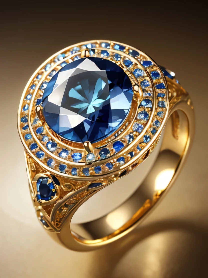 ((masterpiece、highest quality、Very detailed、High resolution、Photorealistic、Sharp focus、Cinema Lighting))、((There is no one))、One ring、Gold and silver rings、Blue Gem、Complex Pattern、Complex and unusual design、Sparkling sapphires decorate this enchanting ring、Beautiful color gradation、Background is marble table surface