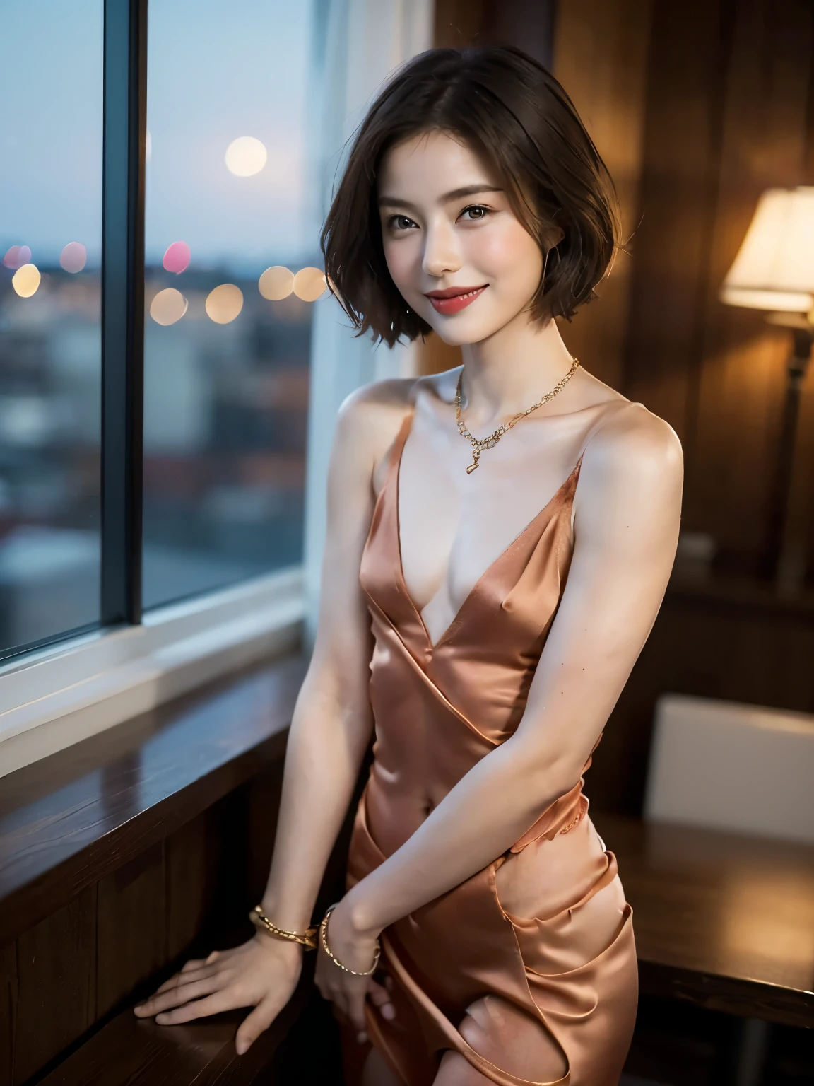 (,Ultra-high resolution, highest quality, masterpiece: 1.2), (Realistic, photoRealistic: 1.37), Very detailed, (White detailed skin:1.3),1 beautiful skinny Japanese person, (slimな顔), ((Very muscular and slender:1.5)), (Medium length brown hair:1.2), cheeks turn a little red, A -faced 34-year-old, (((A sexy party dress in deep red made of super tight, thin satin fabric.:1.2))),((Very small and flat chest:1.65)),alone, (Restaurant with beautiful detailed city night view outside the window:1.2),, wine glassを持つ, At night, NovaFrogStyle in a prominent place, actress, model, Happy smile, (smile: 1.15), Beautiful symmetrical single eyelids, actress, model, White wine, slim, wine glass,(Super Clean 夜 View:1.2), wine glassを高く持つ:1.2, Happy smile,((Cowboy shot from the front:1.2)),((Narrow waist:1.3)),(Golden Necklace,wedding ring,Thin bracelet:1.2),(Slender and beautiful limbs:1.3)