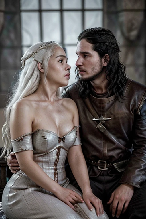 "casal romantico, em uma Sala do Trono, cicatriz nos olhos, Messy hair, Jon Snow cabelos e Daenerys Targaryen, Coroas, beijando suavemente."