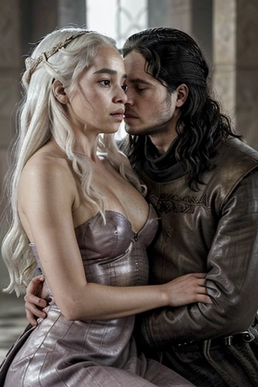 "casal romantico, em uma Sala do Trono, cicatriz nos olhos, Messy hair, Jon Snow cabelos e Daenerys Targaryen, Coroas, beijando suavemente."