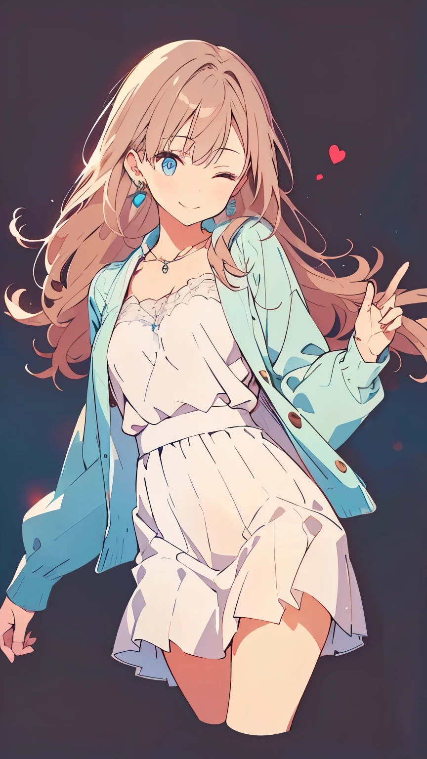masterpiece,cropped legs, 1girl,brown hair, long hair,straight hair,hair pulled back,Wave hand,detail fingers,blue coat,white dress, Long skirt,finely detailed eyes and detailed face,one eye closed,smile,simple background,necklace,earrings,