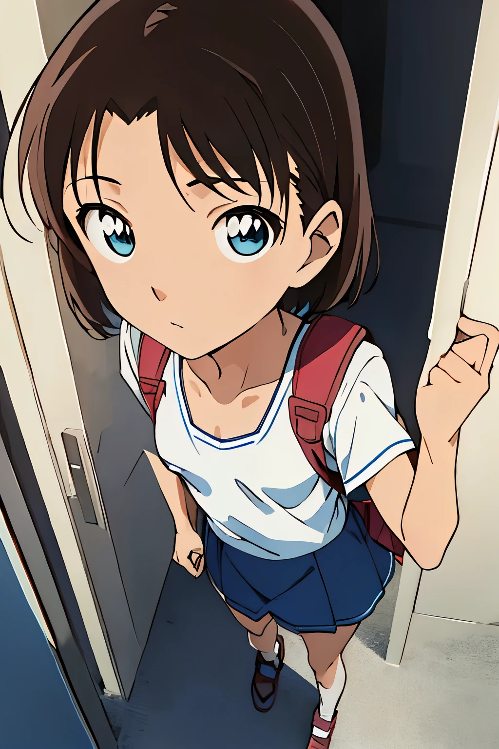 (Small breasts:1.5),
Yoshida Ayumi,1girl, 10 years old , Brown Hair, short hair,  , blue eyes, View Viewer,Japanese backpack for primary school students,Short sleeve, Expressionless, indoors, Flat Chest, clavicle, door,blue sky,White cloud,outdoor,street,, break masterpiece ,8k unity wallpaper,anime key visual,highest quality, High resolution, unity 8k wallpaper, (shape:0.8),anime coloring,highly detailed face, detailed eyes,growing eyes,shiny skin,fine skin,white skin,dense skin,detailed hair,highly detailed legs,perfect lighting, Detailed CG,detailed skin,detailed face,detailed eyes,glowing eyes,dense skin,shiny skin,(perfect hands, perfect anatomy),High resolution,(Detailed wear ),slender limbs, delicate curves, dainty hands,figure:0.8,