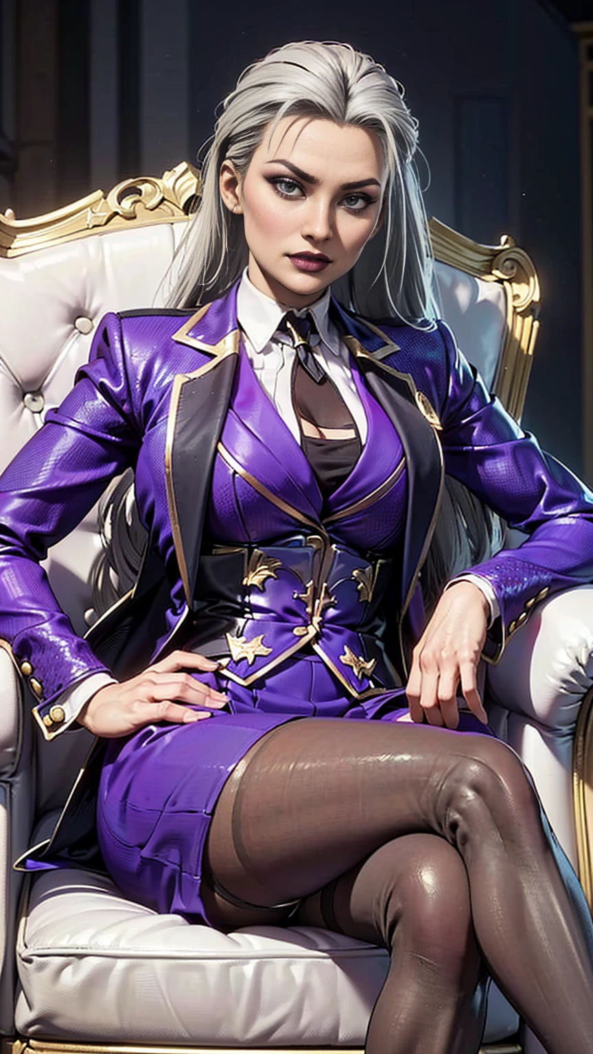 (1 girl, alone, alone), (Mortal Kombat 11: Aftermath, elegant and flawless face, Sindel, gray hair, Sidel hair, long hair pulled back, long hair slicked back, multicolored hair, imposing expression, air of superiority, glamorous , arrogant), ((alone, (1 woman, pink lipstick, black eyes), extremely detailed, soft ambient lighting, 4k, perfect eyes, a perfect face, perfect lighting, the 1 girl)), ((Fitness, , shapely body, athletic body, toned body)), ((purple suit, purple blazer, businesswoman, armchair, dress, black tights, sitting cross-legged, high heels, looking at the viewer, black tie. white shirt, gold))