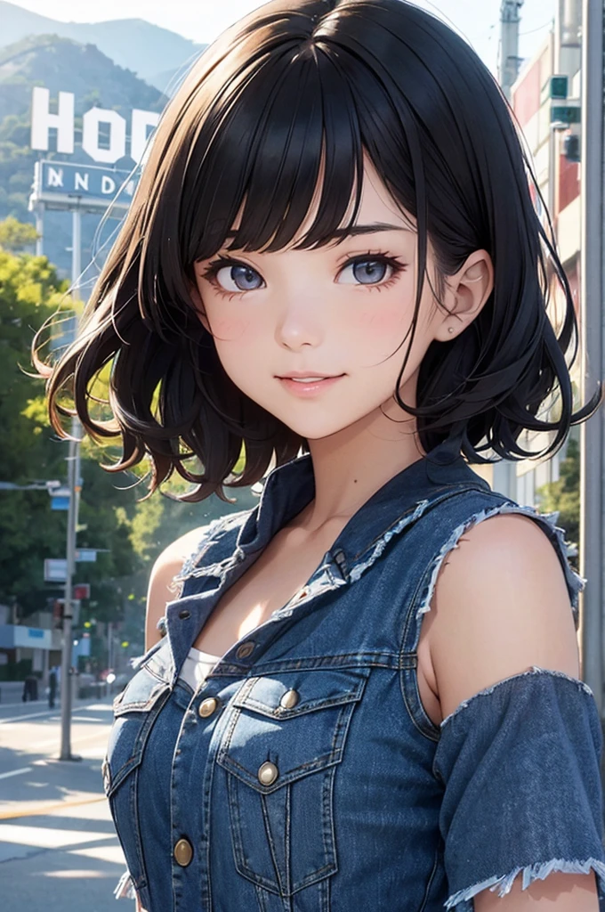 (masterpiece, best quality:1.1),popart style,flat color,({Mia},1girl,japanese,tween,beautiful detailed face,(navy hair),((wavy-short hair)),parallel eyebrows,navy eyes with large irises,blunt bangs,small nose, fresh lips,small breasts,(5feet tall)), BREAK.enjoy trip,(Hollywood sign),LosAngeles, beautiful detailed scenery,very happy,smile,BREAK. ,Flowy sundress,Tencel denim vest,dynamic angle,photographic portrait, sharp,