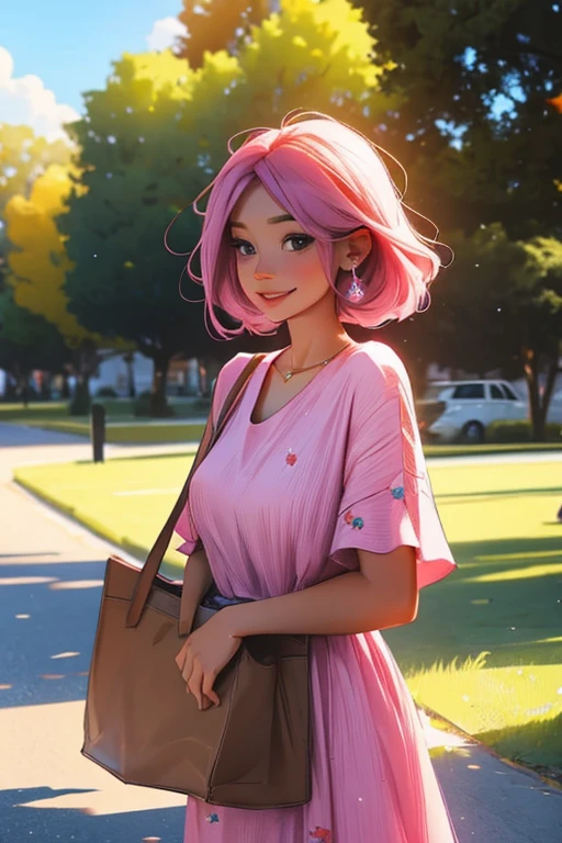 A pink haired woman with violet eyes with an hourglass figure in a summer dress is posing in the park with a smile
