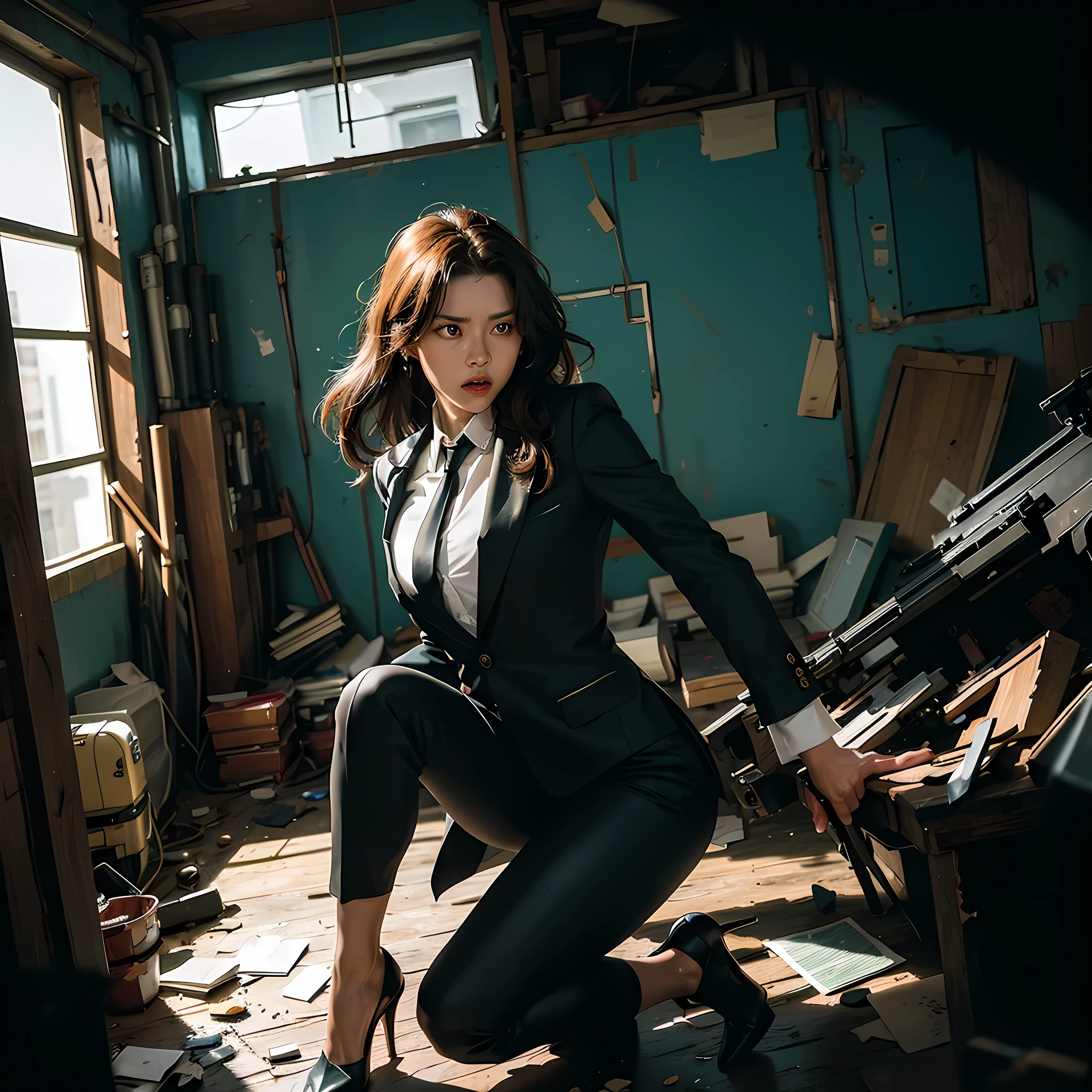 Using a Dutch angle, the scene is tilted to create a sense of unease and tension. The mafia lady stands at the edge of a dimly lit room, her body slightly angled as she holds her gun at the ready. The skewed perspective accentuates the dramatic lines of her suit and the sharpness of her heels. Shadows play across her face, highlighting her fierce expression. The background is filled with chaotic elements – overturned chairs, scattered papers, and broken glass – suggesting a recent struggle or impending confrontation.