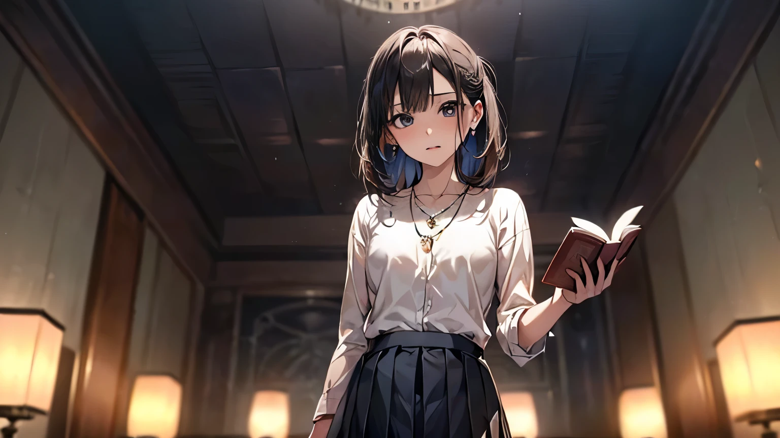 ((Biologically correct limb count))、(( 顔を含むwhole body写真))、4K、((Standing position))、masterpiece、((Symmetrical facial features))、Eye for detailed depiction、Beautiful woman、Excellent style、Beautiful clavicle、Beautiful feet、Beautiful Hands、Slender body、(Small Ass、Thin thighs)、(High heels)、Detailed depiction of the face、Small earrings、necklace、(shirt、(Block pleated skirt))、Glancing sideways、Great background、Low Angle、Reading a book、whole body