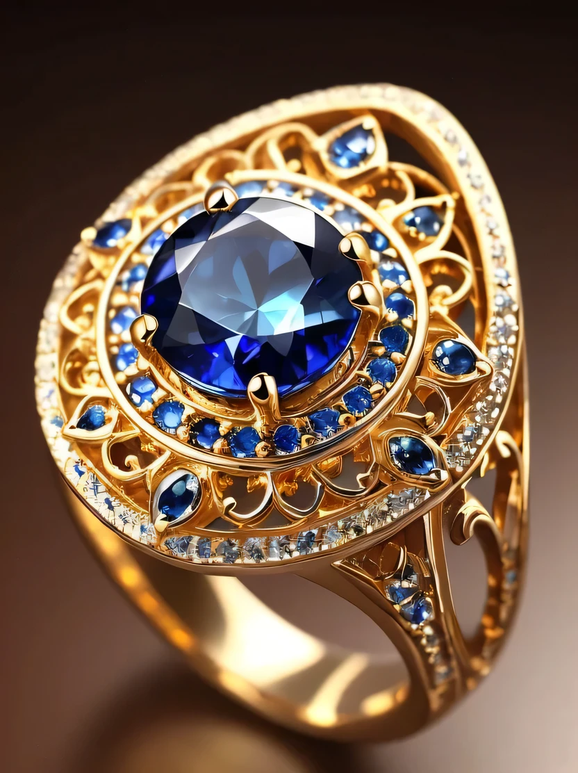 ((masterpiece、highest quality、Very detailed、High resolution、Photorealistic、Sharp focus、Cinema Lighting))、((There is no one))、One ring、Gold and silver rings、Blue Gem、Complex Pattern、Complex and unusual design、Sparkling sapphires decorate this enchanting ring、Beautiful color gradation、Background is marble table surface