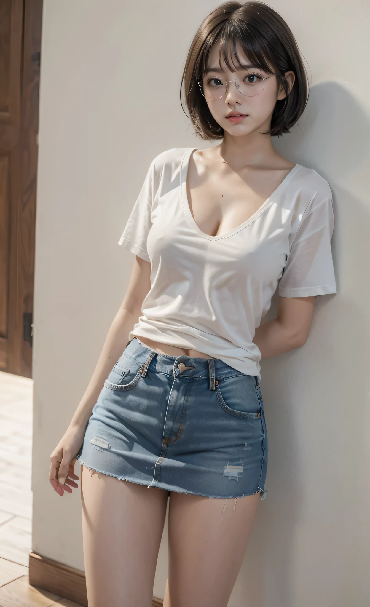 detailed_background, realistic, 1girl, standing, back against the walll, bedroom, eye glasses, blushes, nighttime, bob cut, bangs, white t-shirt, overhang, cleavage, big bust, small waist, denim mini skirt, bare legs, thighs, thicc_thighs, legs spread,