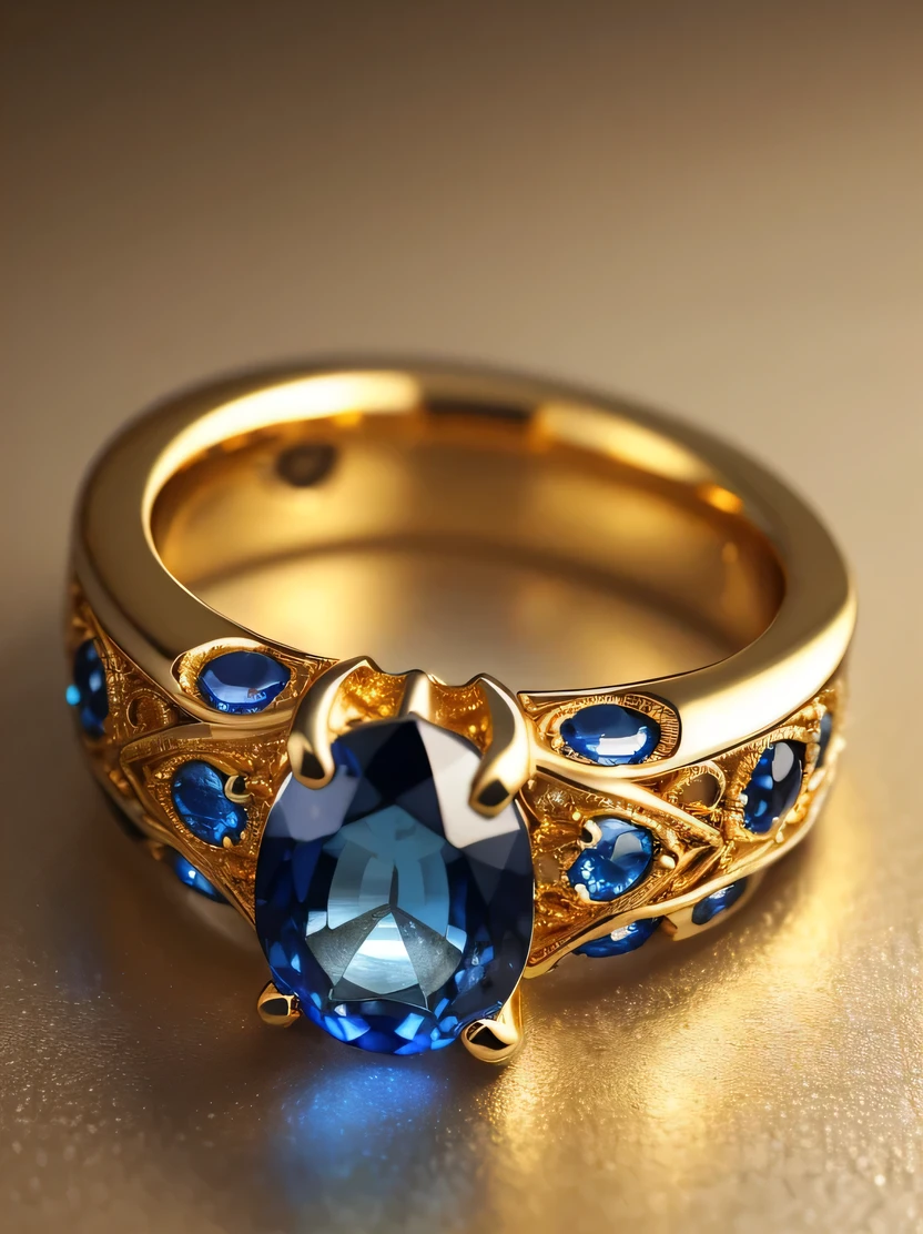((masterpiece、highest quality、Very detailed、High resolution、Photorealistic、Sharp focus、Cinema Lighting))、((There is no one))、One ring、Gold and silver rings、Blue Gem、Complex Pattern、Complex and unusual design、Sparkling sapphires decorate this enchanting ring、Beautiful color gradation、Background is marble table surface