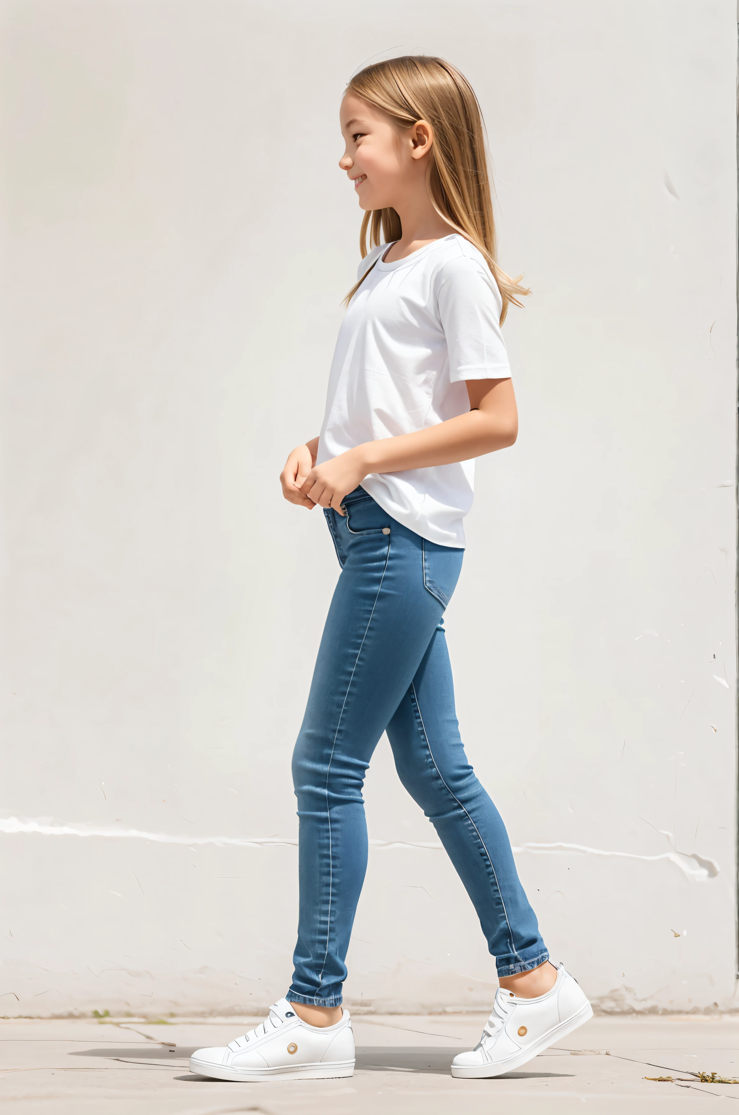 A  walking in jeans on a white background, （Longtop）（Flat Chest：1.66），（Flat Chest），(：1.66) ，（blonde：1.66），（smile：1.37）, （White sneakers：1.38）,(粉红色Longtop)，Profile portrait of a girl walking, Full body cute young woman, Side view of her taking a step, Standing girl, Cute Girl's, Go right, Full body image, Profile portrait