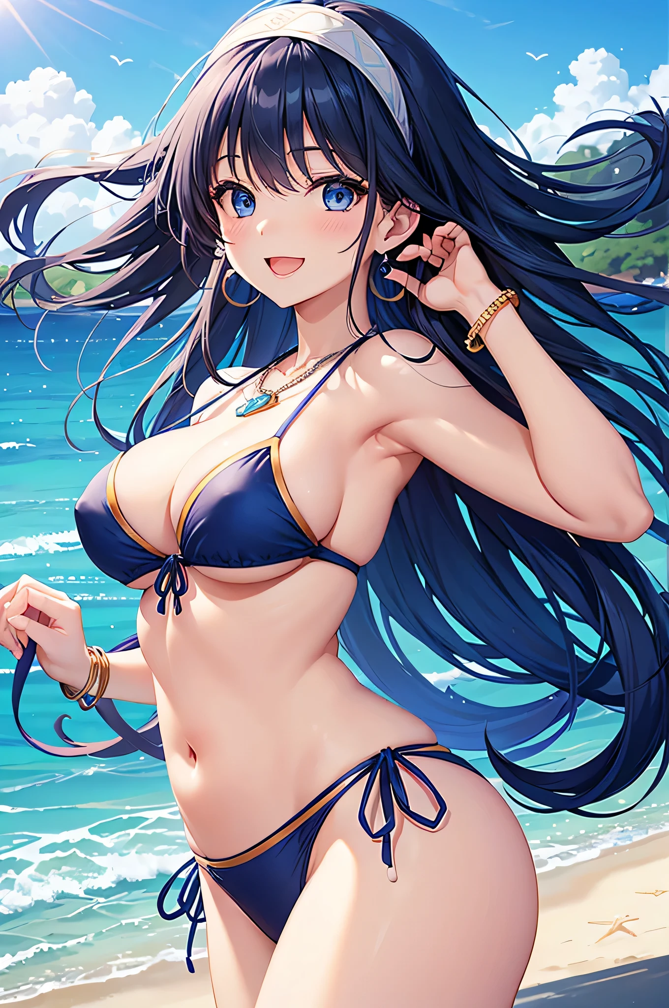 highest quality、Best image quality、masterpiece、beautiful girl、Navy blue long hair、blue eyes、Navy Blue Bikini、Big cleavage、(Big Breasts)、A big smile、blue necklace、Blue Earrings、background(Beach)、Sexy pose、Please open your mouth wide、White headband、angle(From the side)、bracelet、