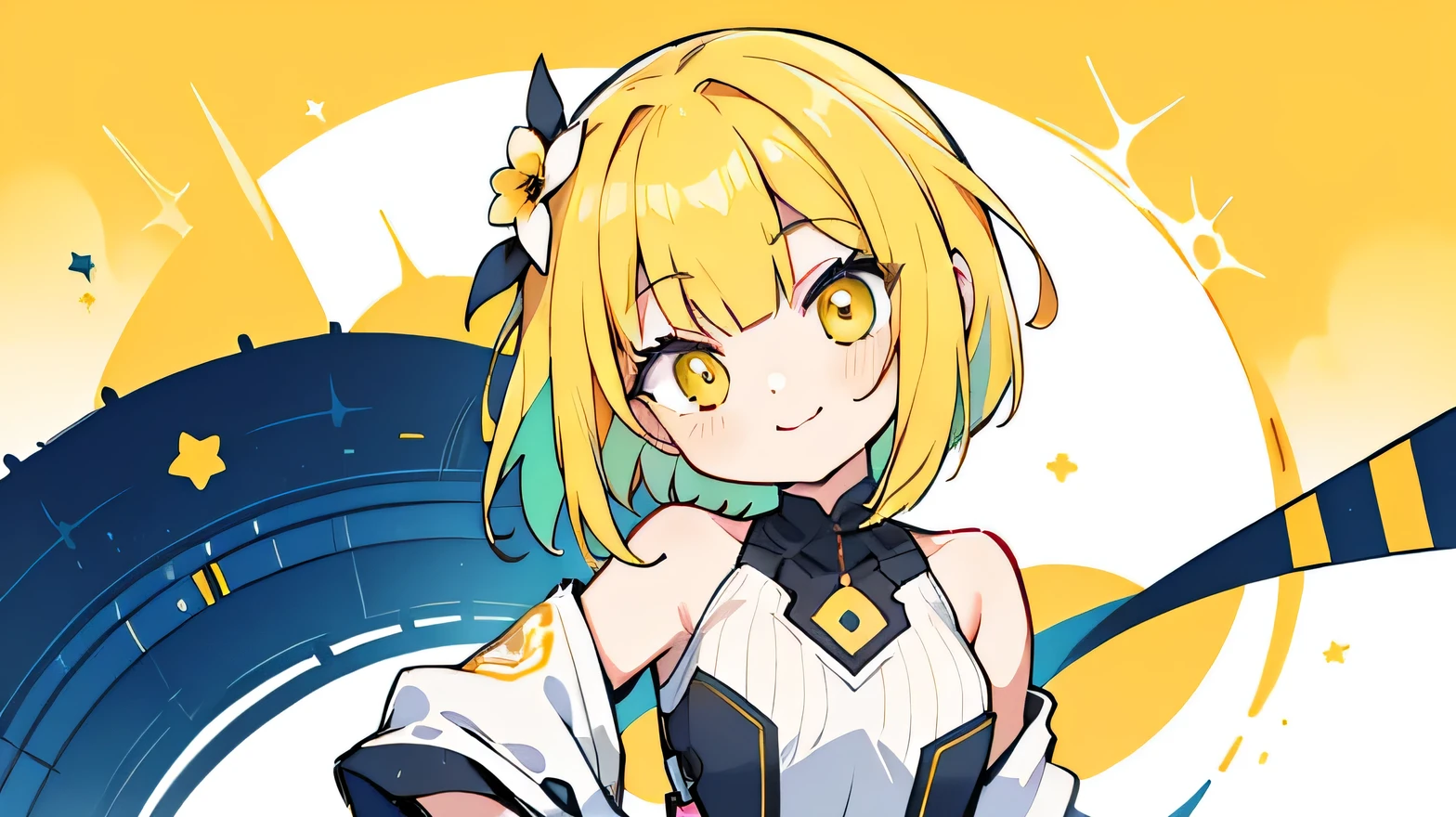 (Very bright:1.1), yellow background, [1 girl:7], (head tilt:1.2),smile, yellow hair, yellow Eyes, bob cut, hip-hop fashion, ([sketch|watercolor \(Moderate\)]:1.15), (Inkblot:1.1), (pale:1.2), vector trace, Gradient Blending, look back, Bright colors,((colorful)), flower, That&#39;s excellent, very detailed, Complex, (Extremely low contrast:1.4)