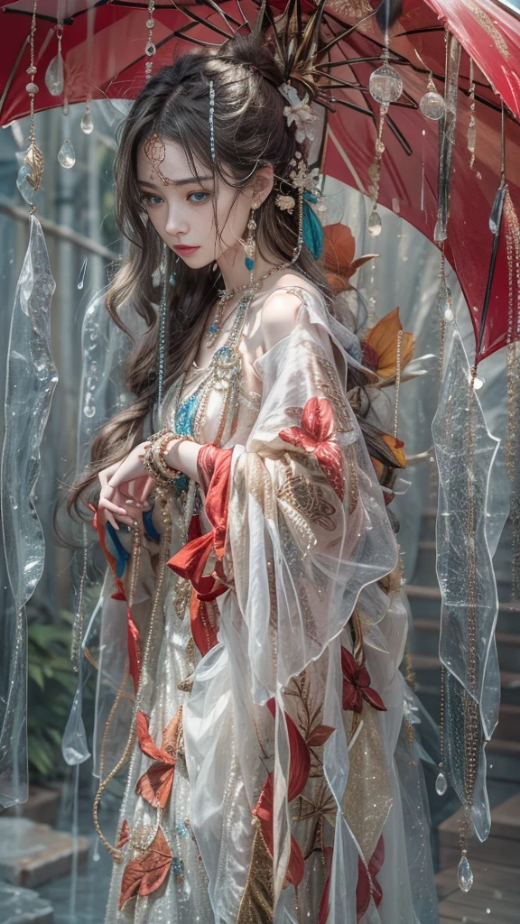 (RAW shooting, Majestic:1.3, 32k:1.5, highest quality, masterpiece, Ultra-high resolution), Perfect dynamic composition:1.3, (heavy snow, On the Cliff:0.7, Majestic背景:0.7, Expressions of sadness:0.9), 非常にDetailed肌と顔の質感:1.3, Wet slim woman:1.0, Random Shot, Fair skin:1.2, Mystical Expressions:1.0, Incredibly slim body:1.2, Fractal Art:1.1, Very beautiful face:1.1, Water droplets on the skin, (Rain drips down on my body:1.1, Wet body:1.1, Wet Hair:1.1), (Standing Pro:0.8, With a wet bouquet:0.9, Beautiful red maxi dress portrait:1.0, Woven Belt), Shapely breasts, (Big eyes that exude beautiful eroticism:0.5, Lips that exude beautiful eroticism:0.5), Detailed, I love you, Very sweet atmosphere, necklace, Earrings, bracelet