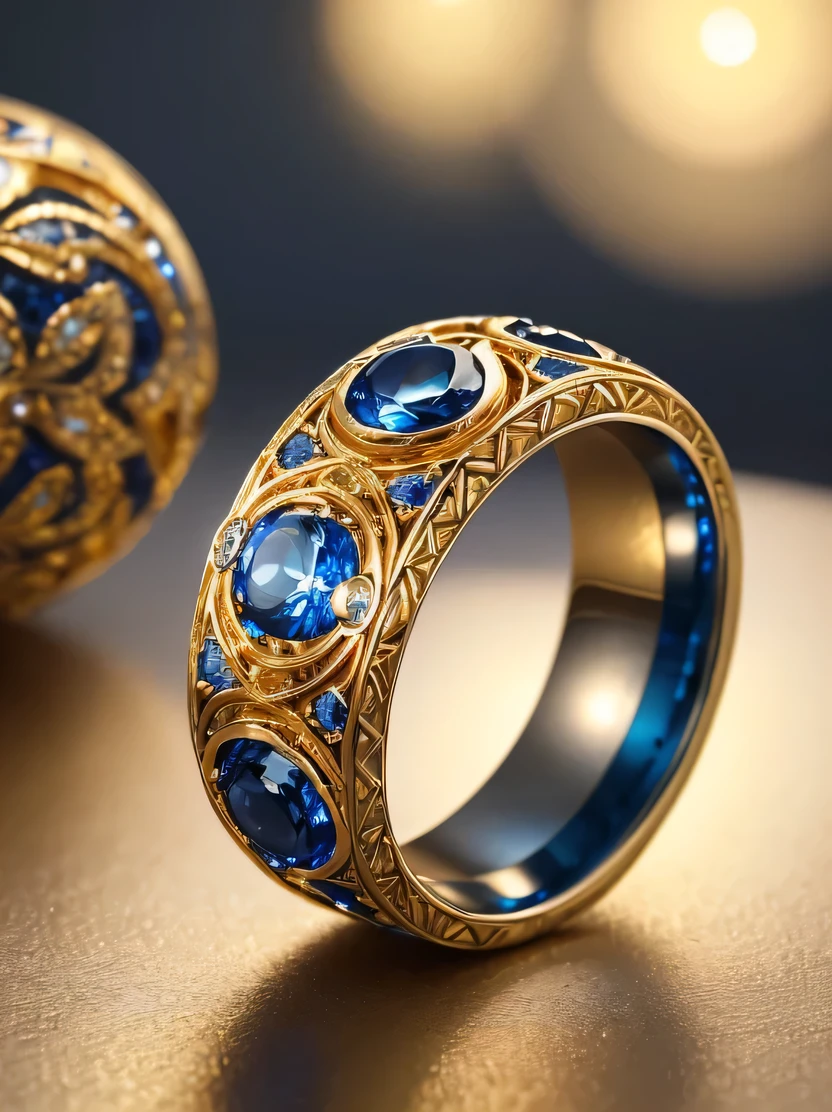 ((masterpiece、highest quality、Very detailed、High resolution、Photorealistic、Sharp focus、Cinema Lighting))、((There is no one))、One ring、Gold and silver rings、Blue Gem、Complex Pattern、Complex and unusual design、Sparkling sapphires decorate this enchanting ring、Beautiful color gradation、Background is marble table surface