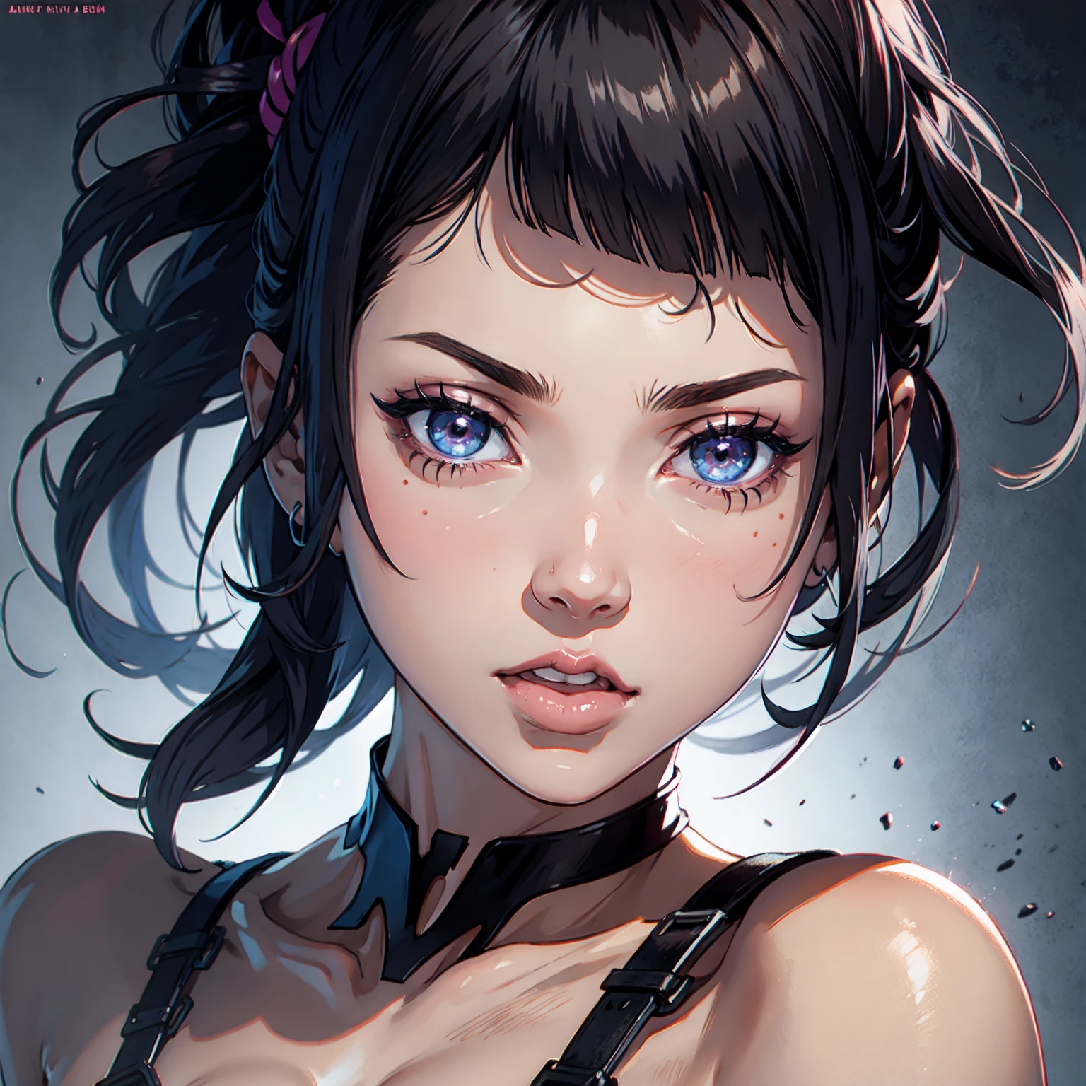 (masterpiece), 1girl, fair skin, beautiful make-up, fair skin, short hair, steampunk, belt, corset, natural breasts, sultry posing, serenity, beautiful scenery, steampunker, stmpunkai, cog, mgog, blue shirt, black skirt, steampunk scenery,