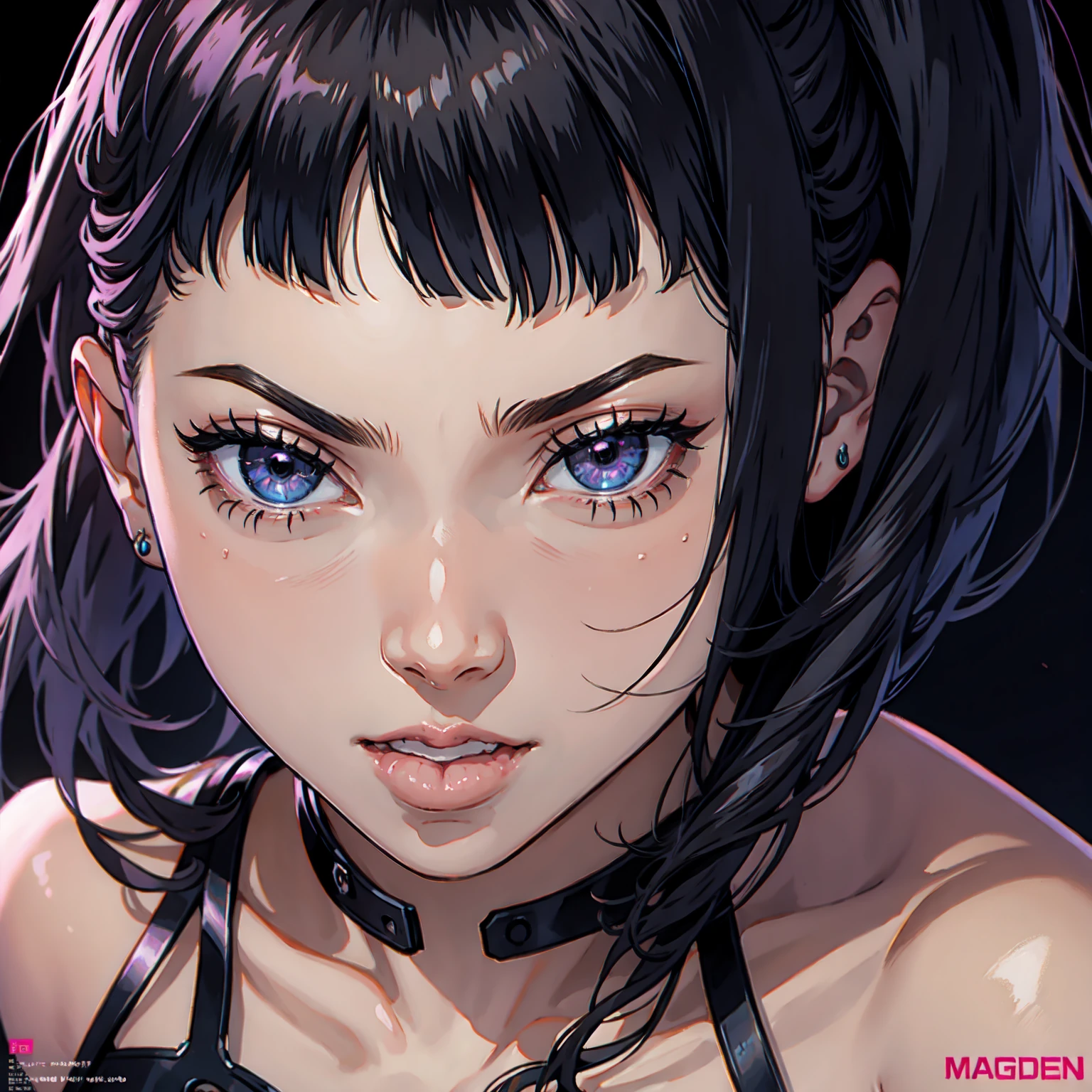 (Magazine Poster: 1.1) Beautiful Face, ultra realistic face, ahegao face, high detail face, provocative look, juri hair, night, black wall, dark background, behind view