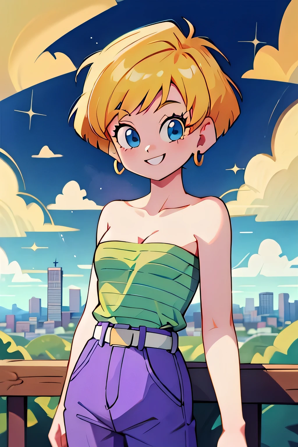 8K, Best Quality, Masterpiece, Absurdres, 1 girl, Solo, erasa, blonde hair, bob hair style, blue eyes, earrings, bare shoulders, green shirt, striped, strapless, cleavage, white belt, purple pants, small breasts, sky, clouds, cityscape, smile, looking at viewer, cowboy shot, railing
